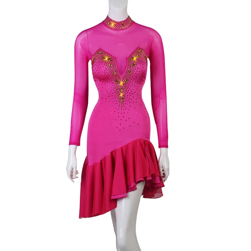 High Neck Long Sleeve Latin Dress with Mesh