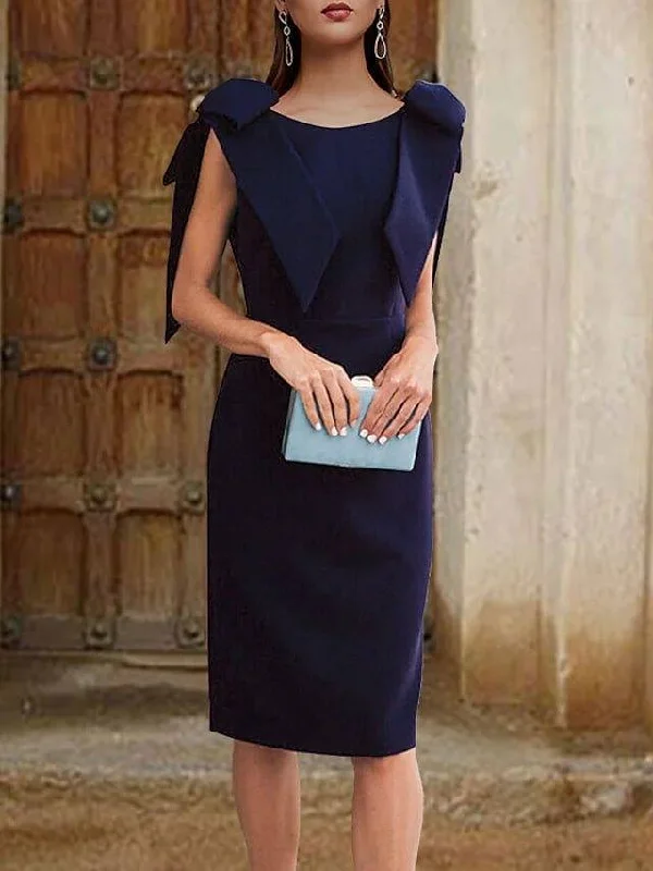 Sheath / Column Mother of the Bride Dress Elegant Vintage Jewel Neck Knee Length Stretch Fabric Sleeveless with Bow(s)