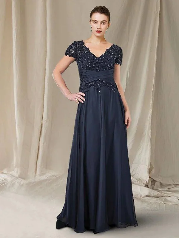 A-Line Mother of the Bride Dress Plus Size Elegant V Neck Floor Length Chiffon Lace Short Sleeve with Ruched Sequin