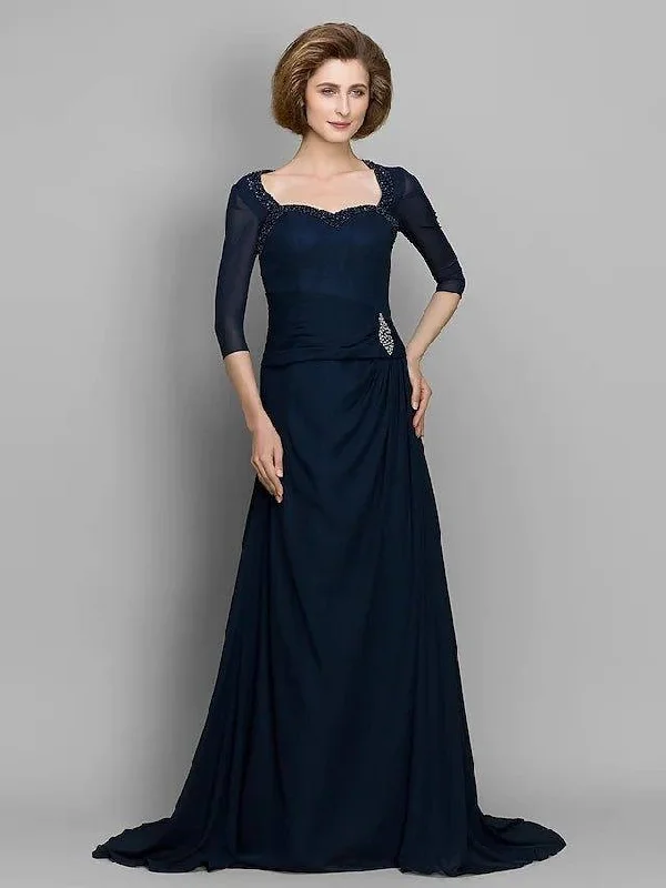 A-Line Mother of the Bride Dress Elegant Sweetheart Neckline Sweep / Brush Train Chiffon 3/4 Length Sleeve with Ruched Beading