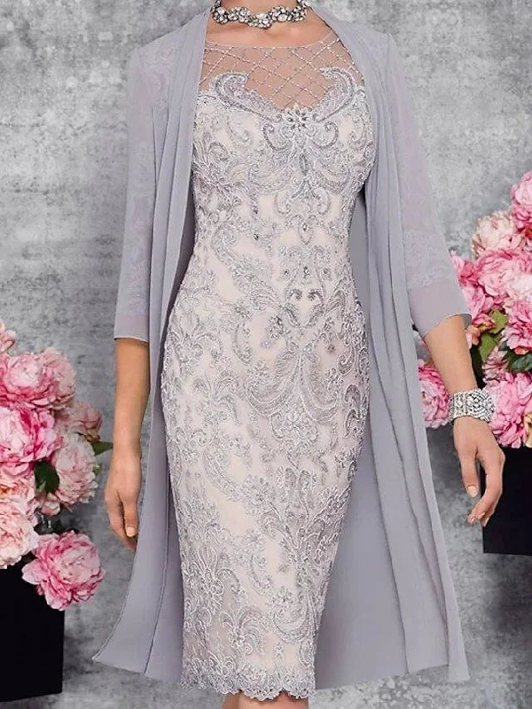 Two Piece Sheath / Column Mother of the Bride Dress Elegant Illusion Neck Knee Length Lace 3/4 Length Sleeve with Embroidery Two Piece Sheath / Column Mother of the Bride Dress Elegant Illusion Neck Knee Length Lace 3/4 Length Sleeve with Embroidery