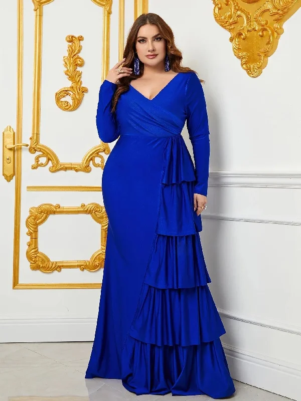 Plus V Neck Long Sleeves Draped Layered Ruffle Trim Formal Dress Evening Dress