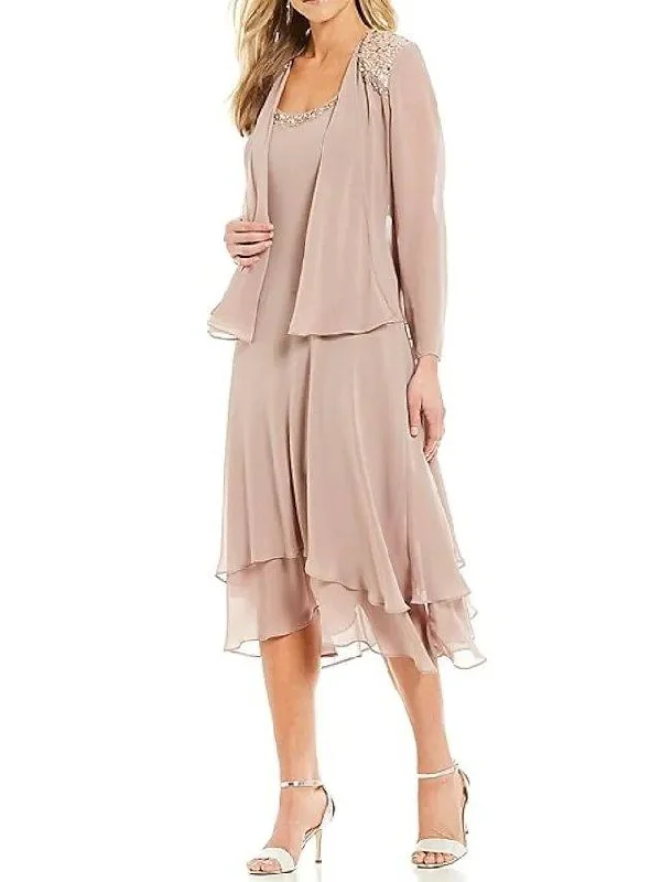 Two Piece A-Line Mother of the Bride Dress Elegant Jewel Neck Tea Length Chiffon Long Sleeve with Beading Cascading Ruffles Two Piece A-Line Mother of the Bride Dress Elegant Jewel Neck Tea Length Chiffon Long Sleeve with Beading Cascading Ruffles