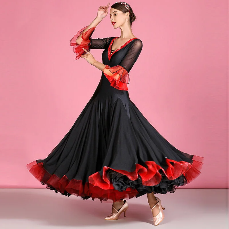 Flared Long Ballroom Dress with Rhinestones