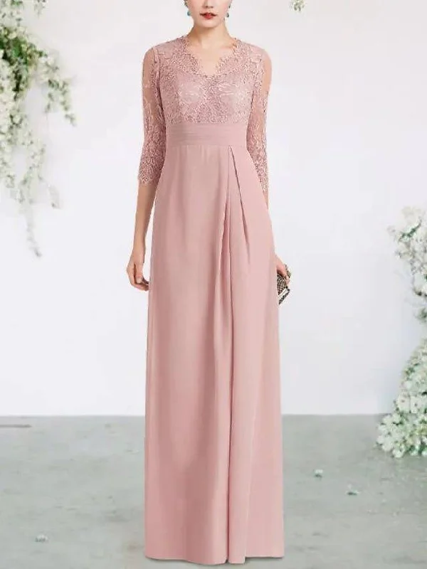 Sheath / Column Mother of the Bride Dress Elegant V Neck Floor Length Chiffon Lace Half Sleeve with Ruched Appliques