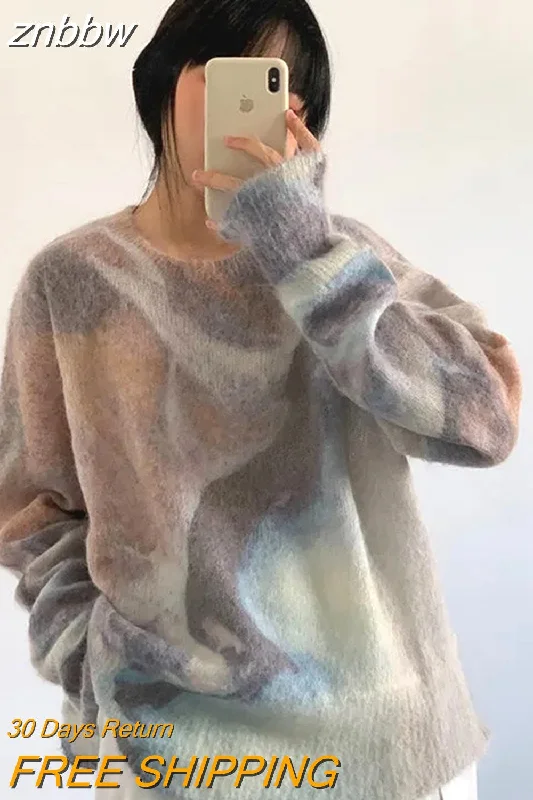 znbbw 2023 Winter Korean style Long Sleeve tie dye Sweater Women Casual Loose O Neck Ladies Pullover Fall Female Clothing Tops