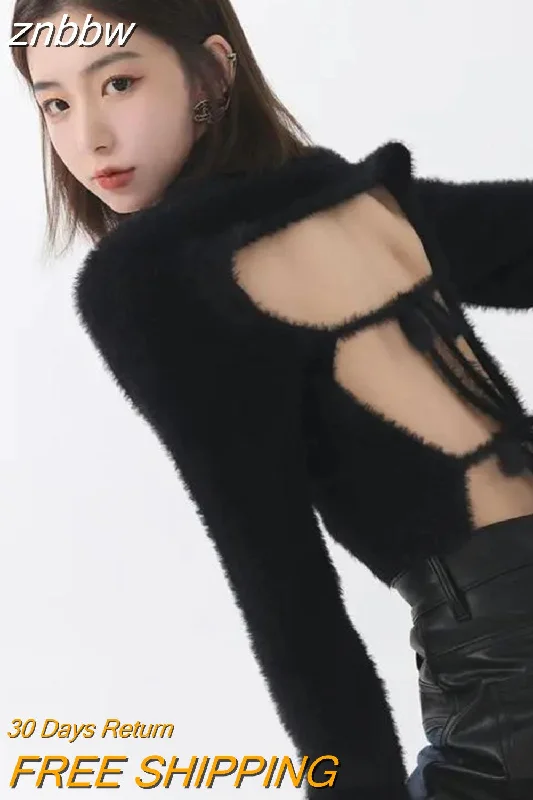 znbbw 2023 Winter Korean Style Slim Long Sleeve Mohair Sweater Women Sexy Backless Bandage Ladies Crop Top Fall Female Pullover