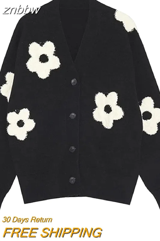 znbbw 2023 Winter New In Vintage Floral EmbroideryLoose Women Knit Cardigan Korea Style Button Up Ladies Sweater Coat Clothing