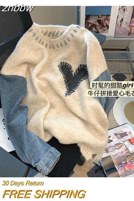 znbbw Autumn Winter Women Denim Patchwork Sweater Long Sleeve O-Neck Heart Pattern Knitted Pullovers Loose Stitching Sweatshirt