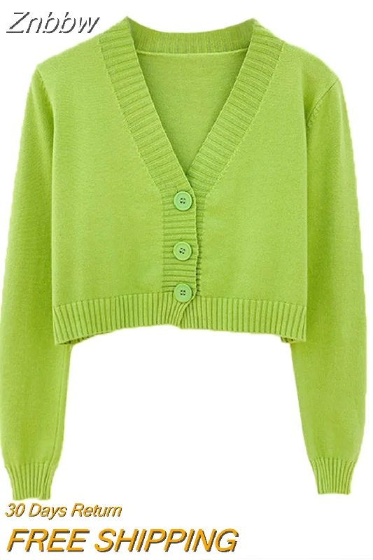 Znbbw Crop Cardigan Women Korean Short Sweater Long sleeve V neck Green Blue