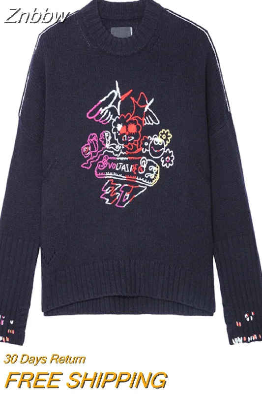 Znbbw Embroidery Sweater Women 2023 Autumn Winter Round Neck Wool Fashion Pullover Casual Streetwear Sweaters Jumpers Female