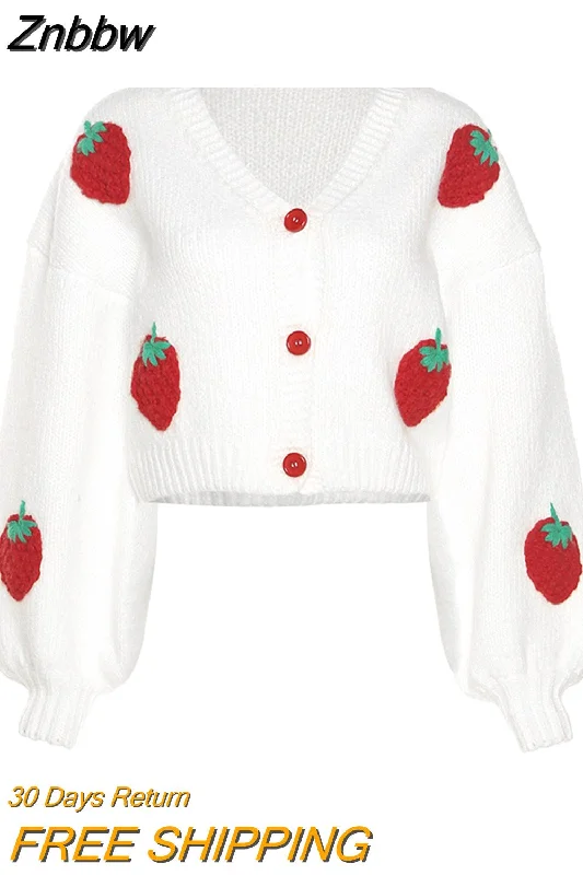 Znbbw Fashion Elegant Cute Print Strawberry Single Breasted Sweater Women Autumn Thicken Warm Cardigan Sweater Streetwear