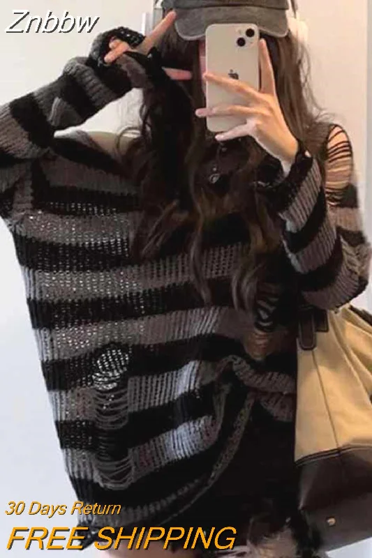 Znbbw Gothic Streetwear Striped Knitted Sweater Women Harajuku Punk Hollow Out Jumper Hole Loose All-match Tops Grunge E-girl