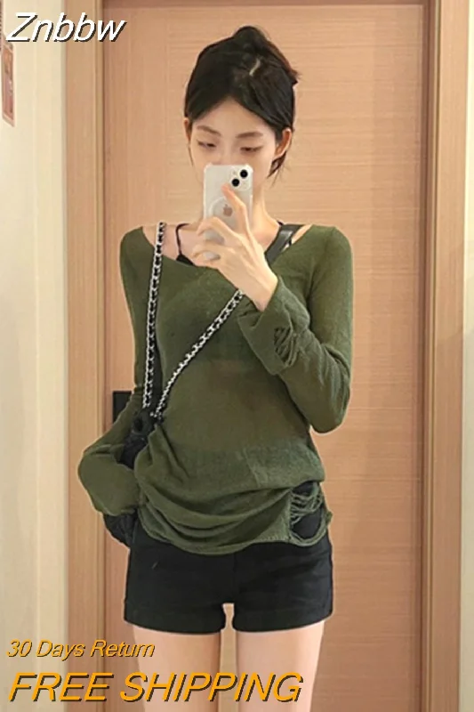 Znbbw Harajuku Green Sweater Women Vintage Grunge Hollow Out Knitted Jumper Sexy Slim Thin Pullover Tops Kpop Korean Fashion