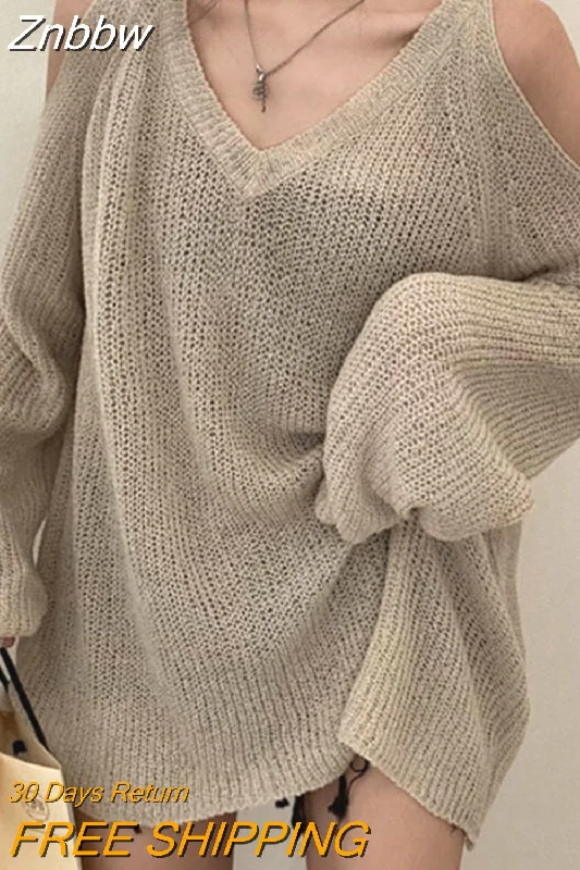 Znbbw High Street Knitted Sweater Women Korean Retro V-neck Off Shoulder Jumper Loose All-match Casual Sunscreen Elegant Tops