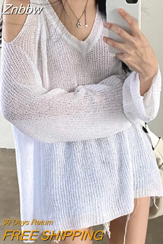 Znbbw High Street Knitted Sweater Women Korean Retro V-neck Off Shoulder Jumper Loose All-match Casual Sunscreen Elegant Tops