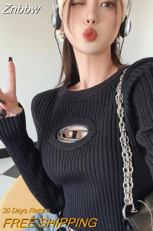 Znbbw Korean Fashion Cropped Sweater Women Vintage Hip Hop Sexy Slim Hollow Out Pullover Casual Chic Knitwear Y2K Tops Grunge