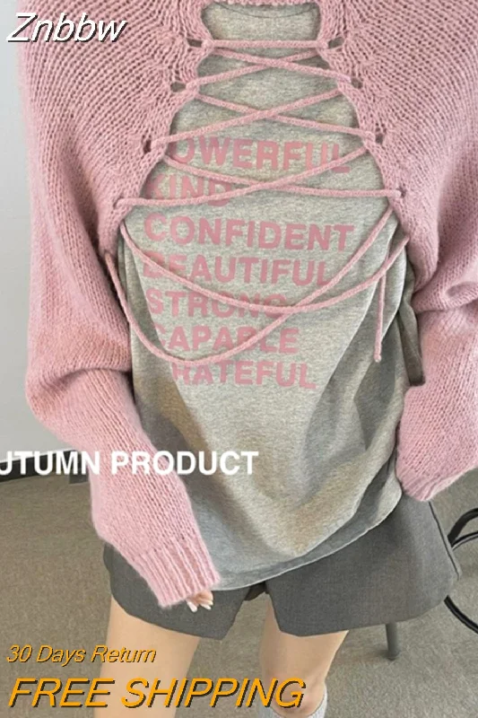 Znbbw Korean Fashion Pink Cropped Sweater Women Harajuku Bandage Knitted Pullover Loose Lace Up Y2K Tops Jumper Streetwear