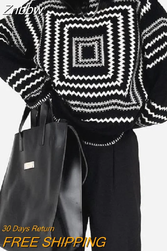 Znbbw Korean Style Knitted Sweater Women Oversize Geometric Pattern Striped Streetwear Pullover Long Sleeve Jumper Fall 2023