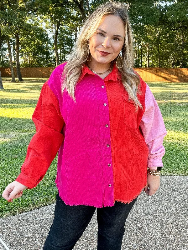 Down The Street Color Block Corduroy Jacket in Pink and Red