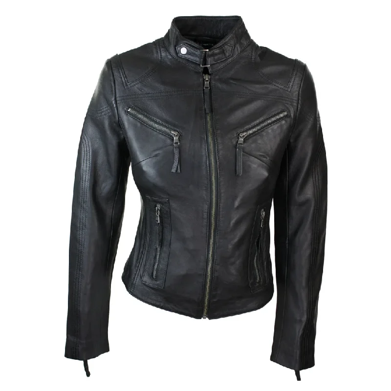 Women's Leather Black Tan Biker Jacket