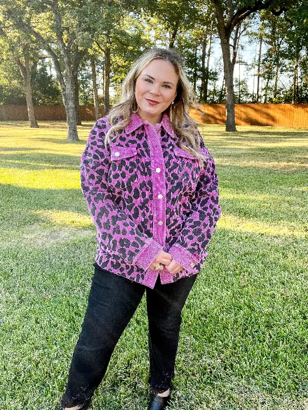 Quick To Cuddle Leopard Print Corduroy Jacket in Purple