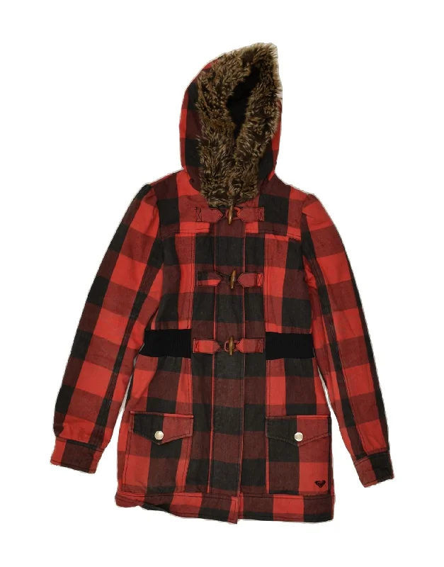 ROXY Womens Hooded Padded Duffle Coat UK 10 Small Red Check Cotton