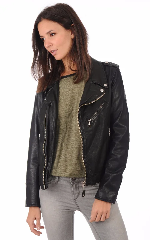 Women’s Classic Black Leather Motorcycle Jacket WJ028