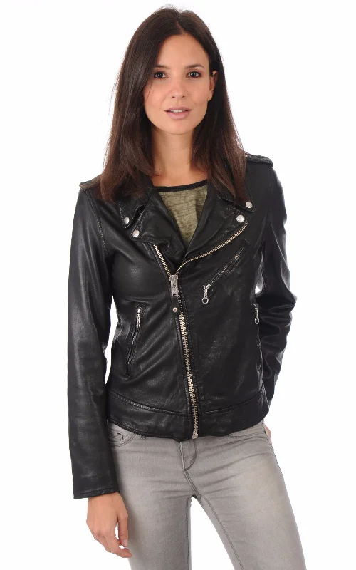 Women’s Classic Black Leather Motorcycle Jacket WJ028