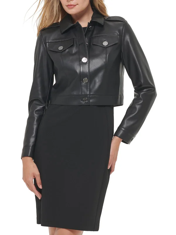 Womens Collared Cropped Leather Jacket