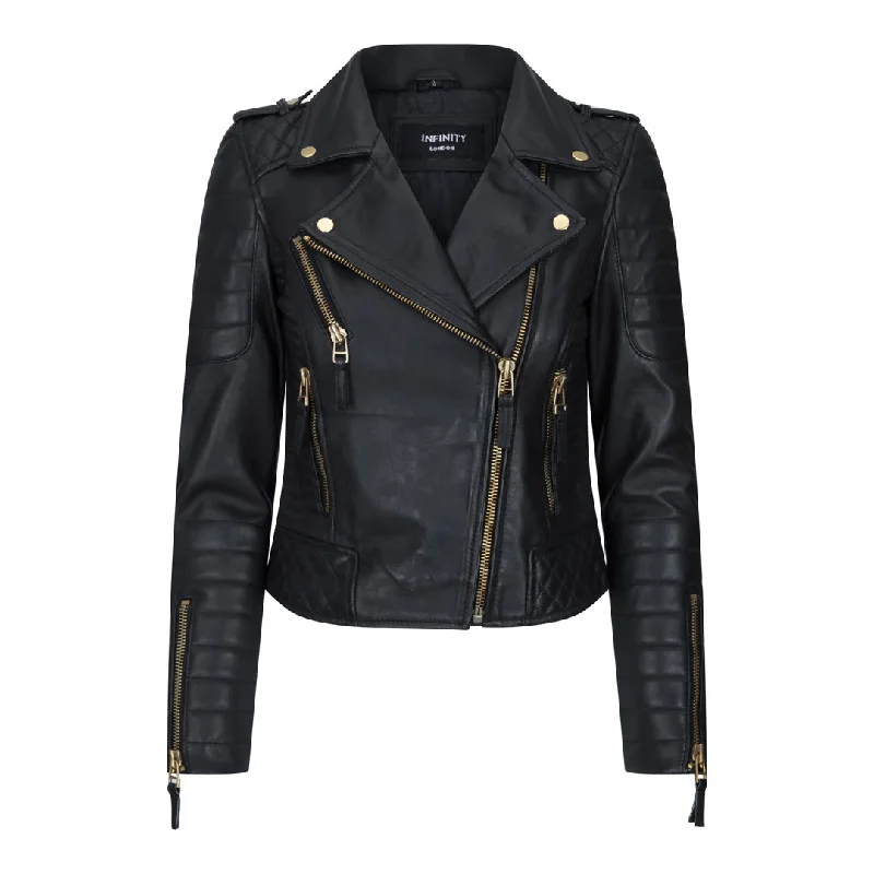 Women's Cross Zip Biker Leather Jacket Brando Matt Black Motorbike