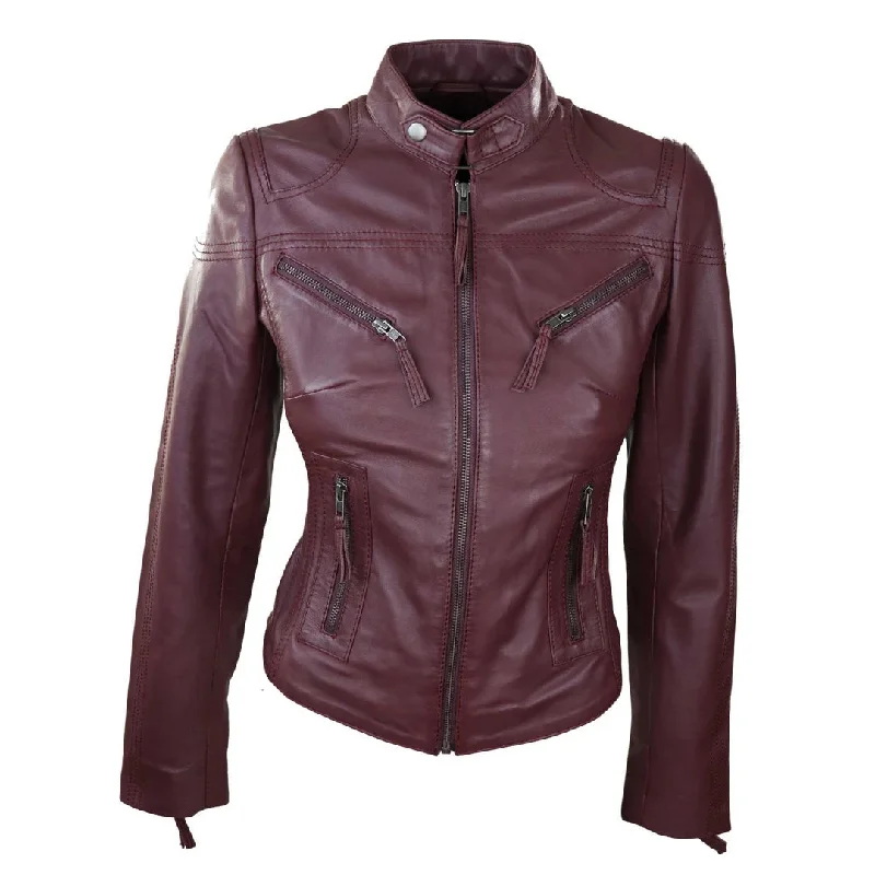 Women's Leather Fitted Biker Burgundy Jacket