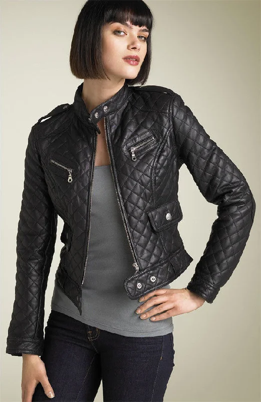 Women's Quilted Leather Jacket with Shoulder Loops WJ034