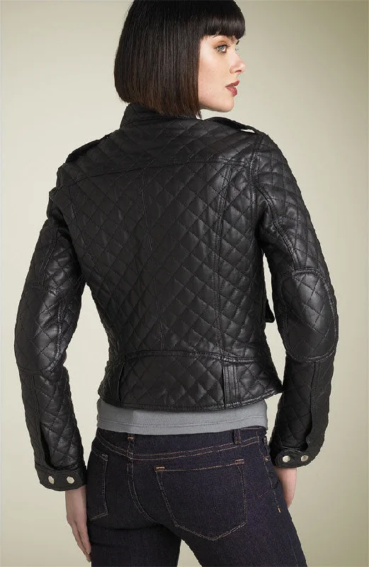 Women's Quilted Leather Jacket with Shoulder Loops WJ034