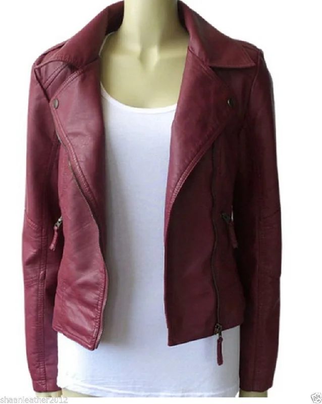 Women's Sleek Maroon Leather Jacket WJ043