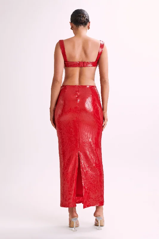 Adoria Sequin Cut Out Maxi Dress - Red