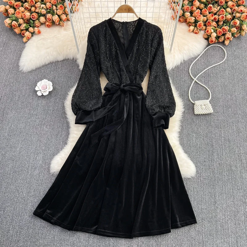 Black V Neck Lace A Line Dress Fashion Dress  10888