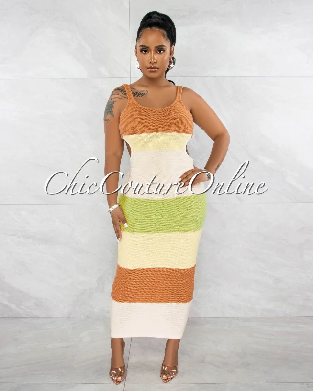 Blaise Nude Sage Camel Stripes Knit Open Back Maxi Dress