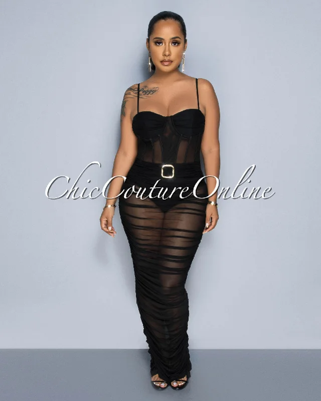 Bonaparte Black Gold Buckle Mesh Ruched Sheer Maxi Dress