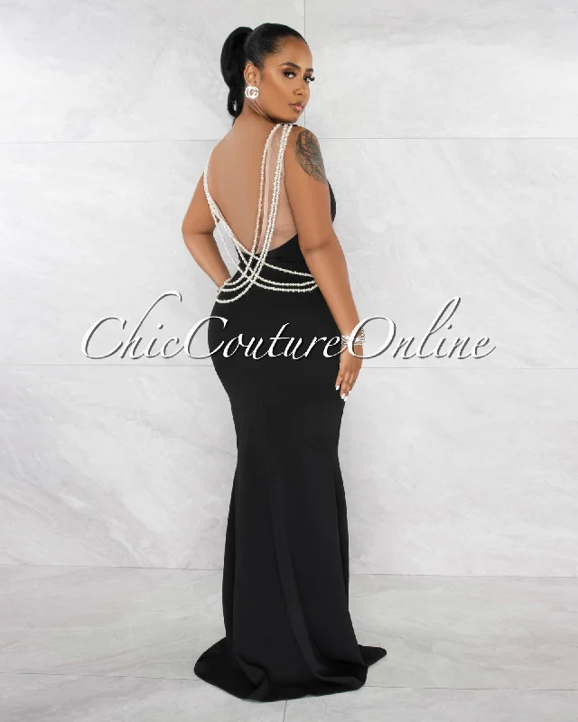 Carina Black Low Back Pearl Link Accent Maxi Dress