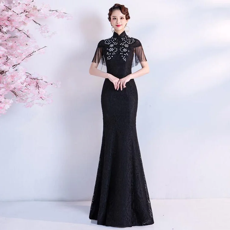 Cheongsam Top Lace Mermaid Evening Dress with Artificial Diamonds