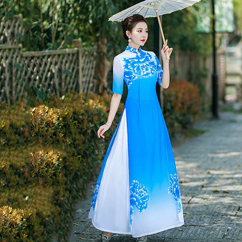 Elegant and Graceful Vietnamese Ao Dai Authentic Modified Summer Long Performance Cheongsam Dress