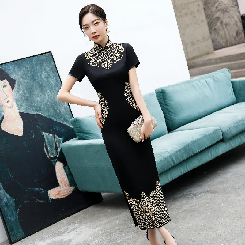 Floral Embroidery Full Length Cheongsam Mother Dress Evening Gown