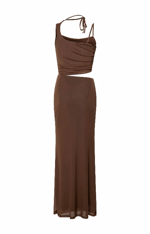 Graciela Brown Tie Neck Mesh Maxi Dress