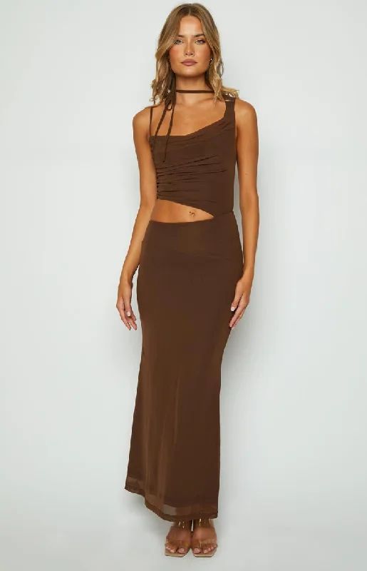 Graciela Brown Tie Neck Mesh Maxi Dress