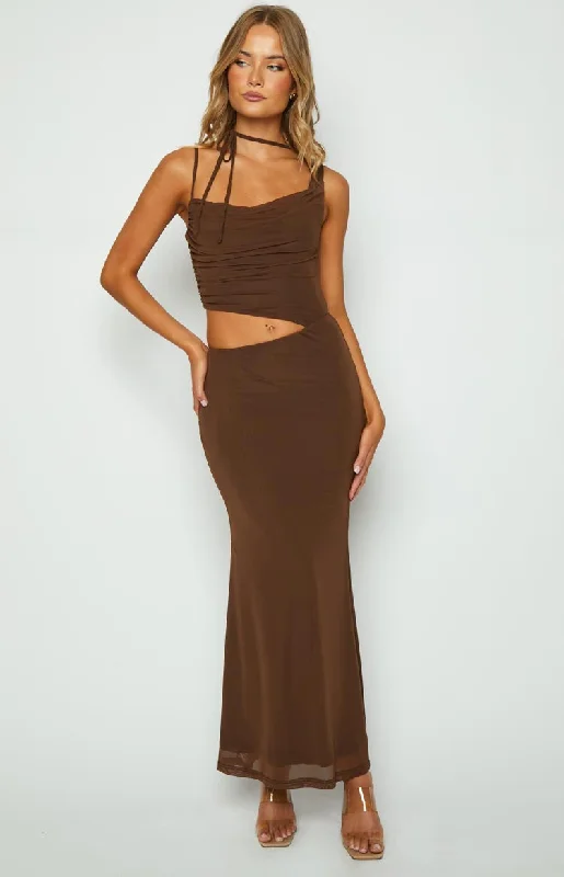 Graciela Brown Tie Neck Mesh Maxi Dress