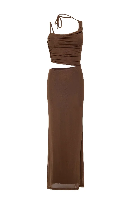 Graciela Brown Tie Neck Mesh Maxi Dress