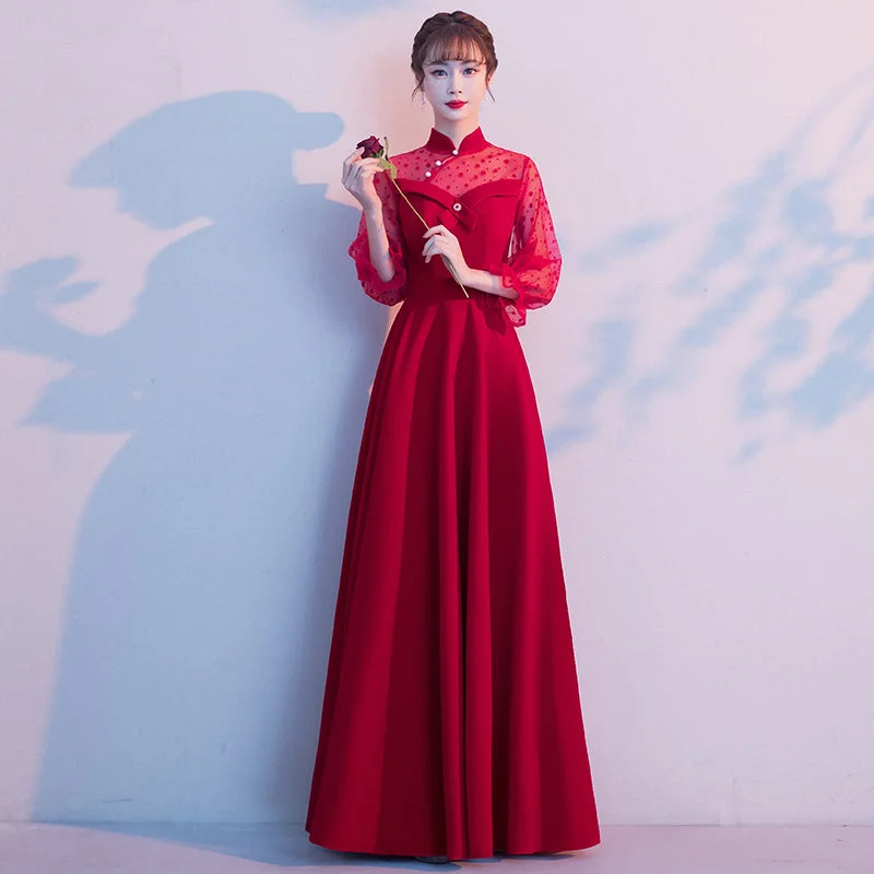 Illusion Neck 3/4 Sleeve Pleated Skirt Oriental Evening Dress