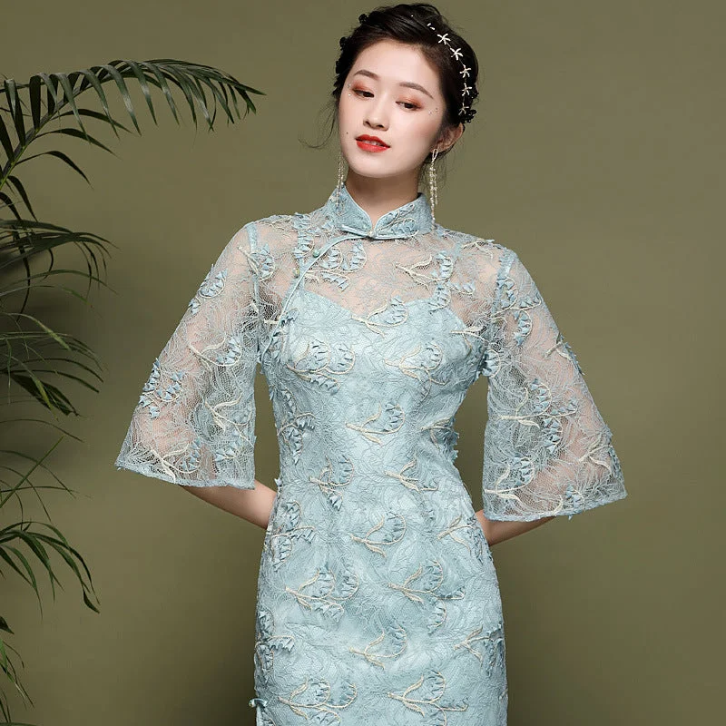 Illusion Neck & Sleeve Modern Cheongsam Chinese Style Pencil Dress