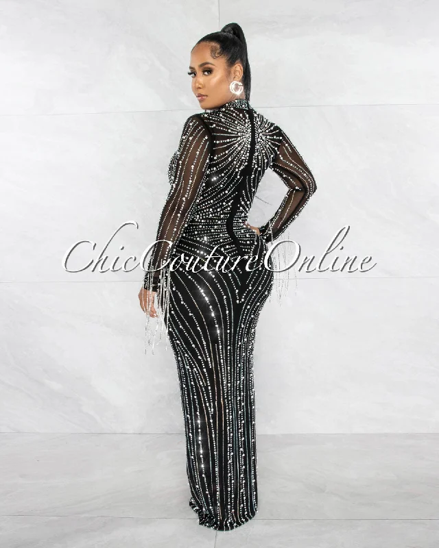 Katashna Black Mesh Sheer Rhinestones Maxi Dress